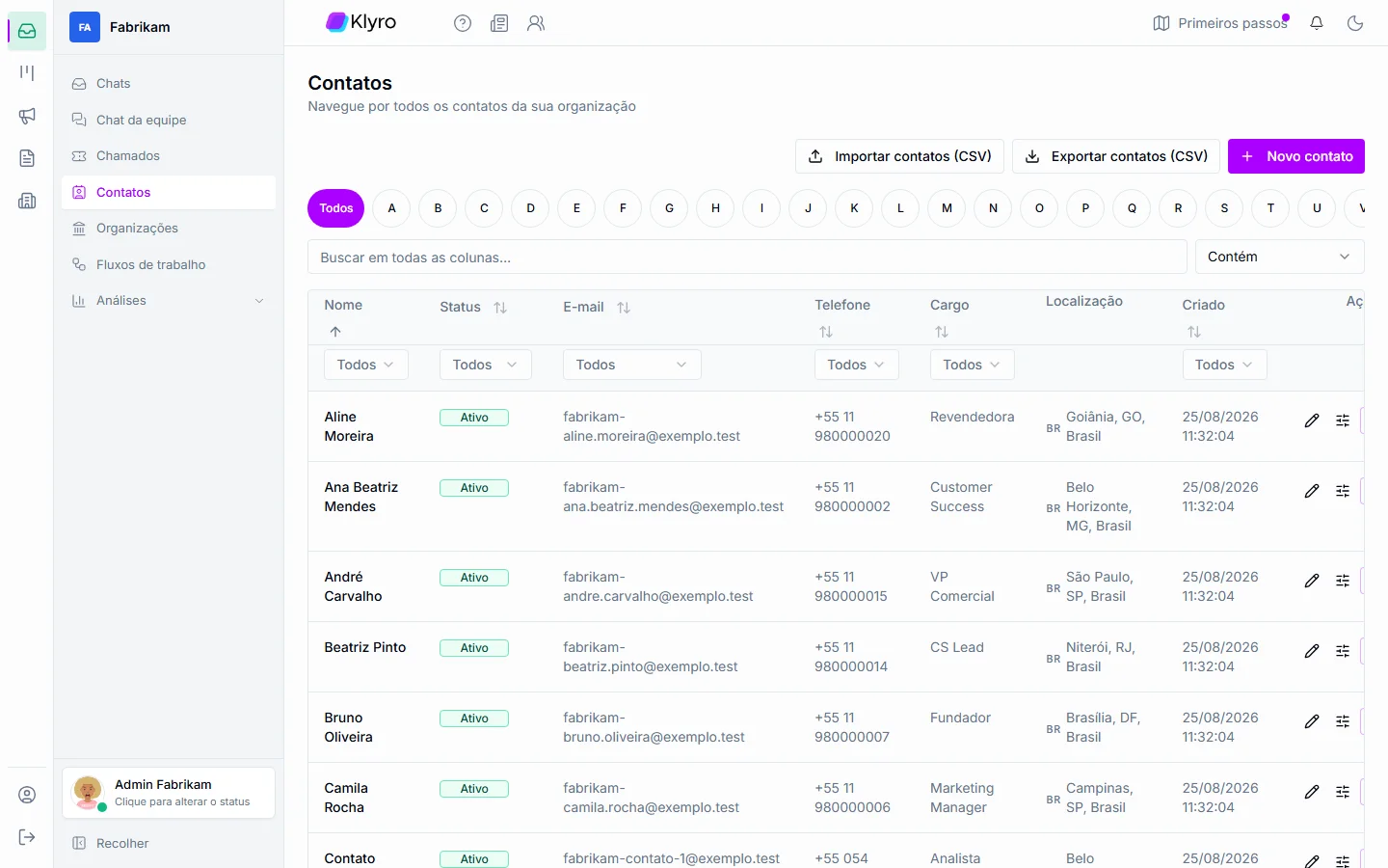 Contacts list with filters and attributes